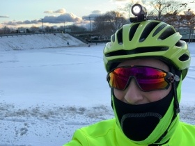 Mike Brown cycling in the snow in Connecticut